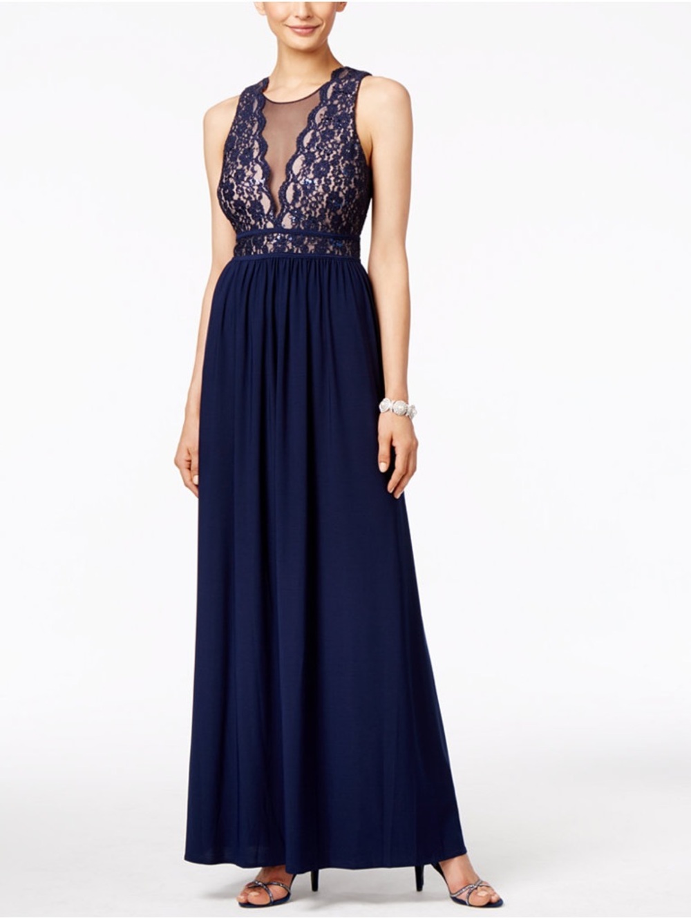 R&M Richards Navy Lace Bodice Maxi Dress with Nude Illusion